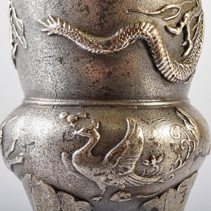 中国　白銅　龍神獣刻　純銀火屋約18g付　三つ足香炉　U　R8073