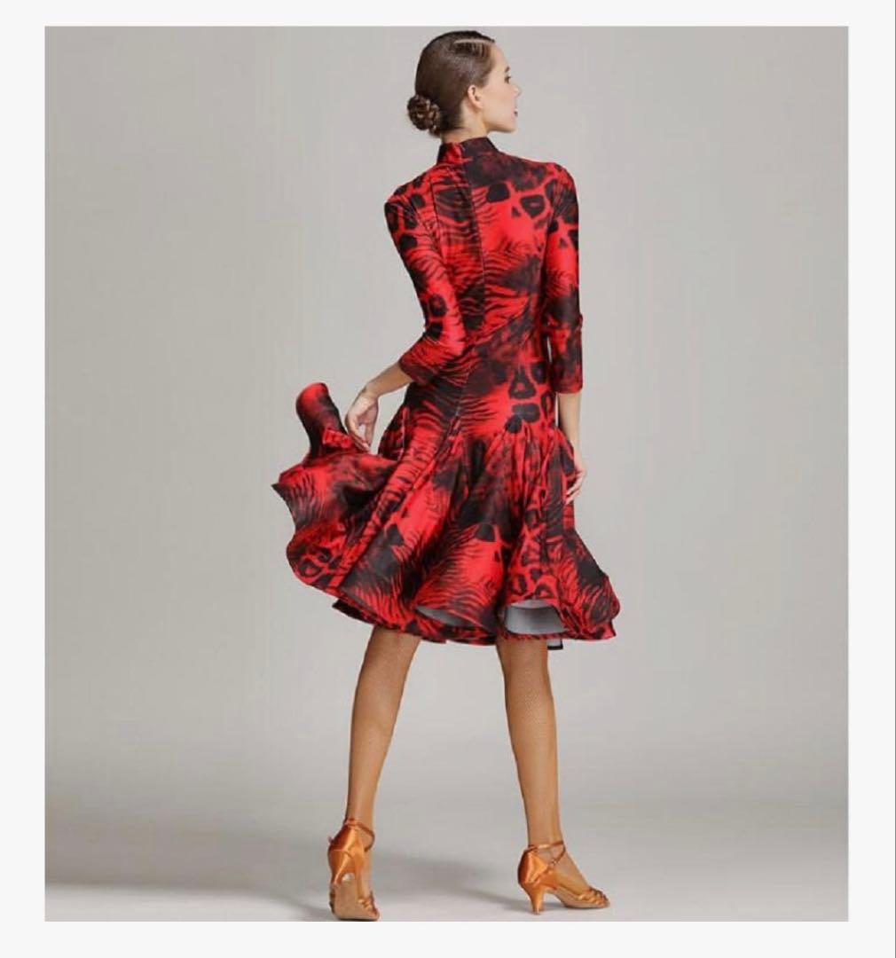 お値下げ【社交ダンス用ドレス】赤黒ヒョウ柄*デモ*レッスン★ラテン★Mサイズ