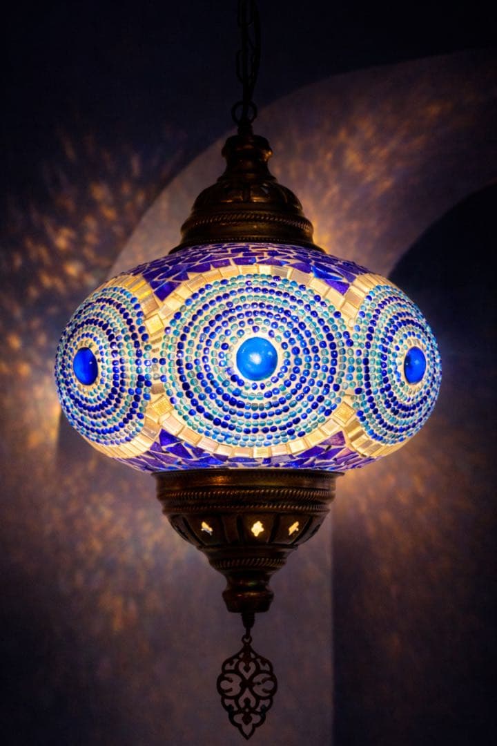 トルコランプ 美品 希少 吊り下げ ブルー　青　ガラスビーズ 引掛シーリング