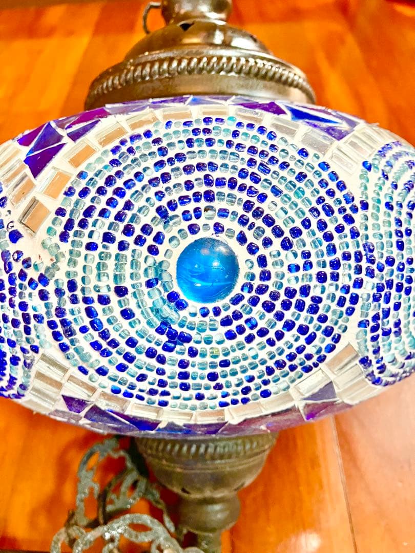 トルコランプ 美品 希少 吊り下げ ブルー　青　ガラスビーズ 引掛シーリング