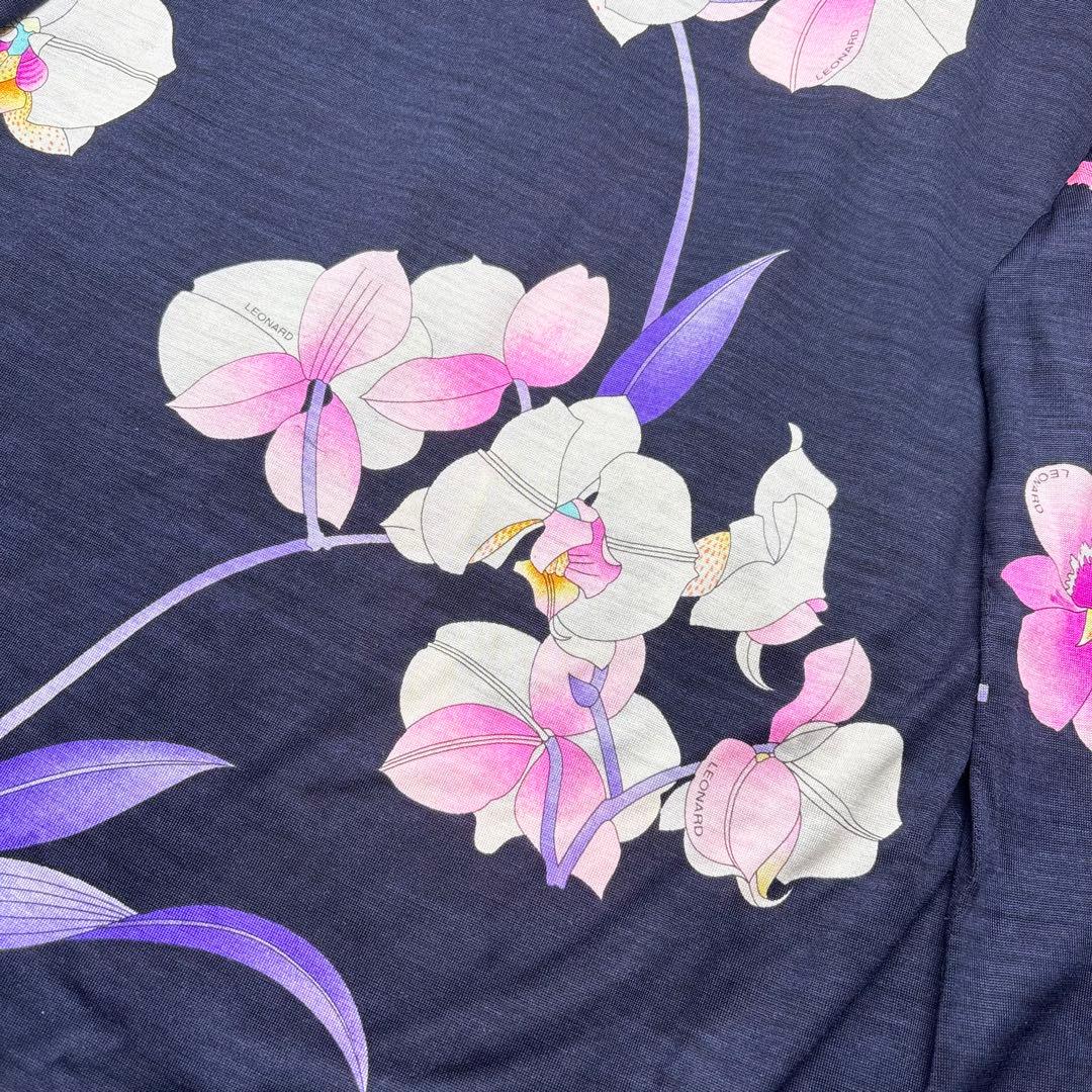 レオナール シルク混 ボウタイ花柄ブラウス トリム 長袖 比翼ボタン 胡蝶蘭 L