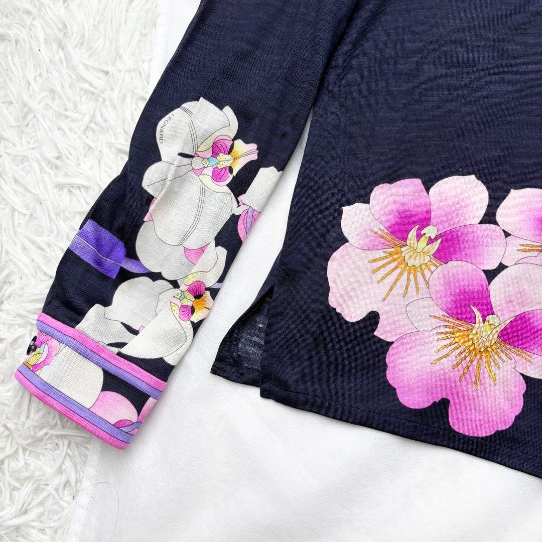 レオナール シルク混 ボウタイ花柄ブラウス トリム 長袖 比翼ボタン 胡蝶蘭 L