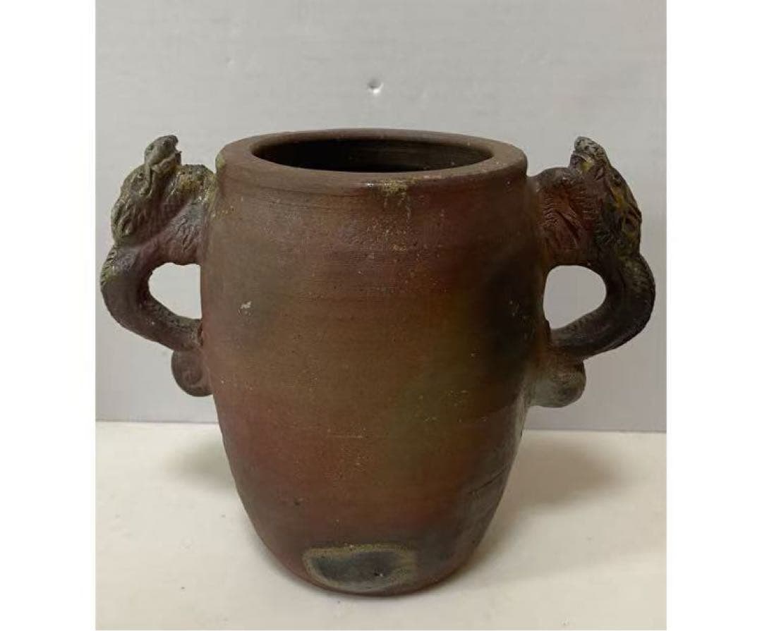 陶器骨董 雙龍型耳付花器 時代 物希少物
