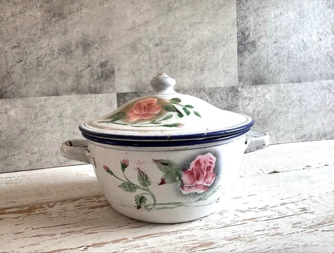 フランスアンティーク 小さなホーローキャセロール 鍋 JAPY 薔薇