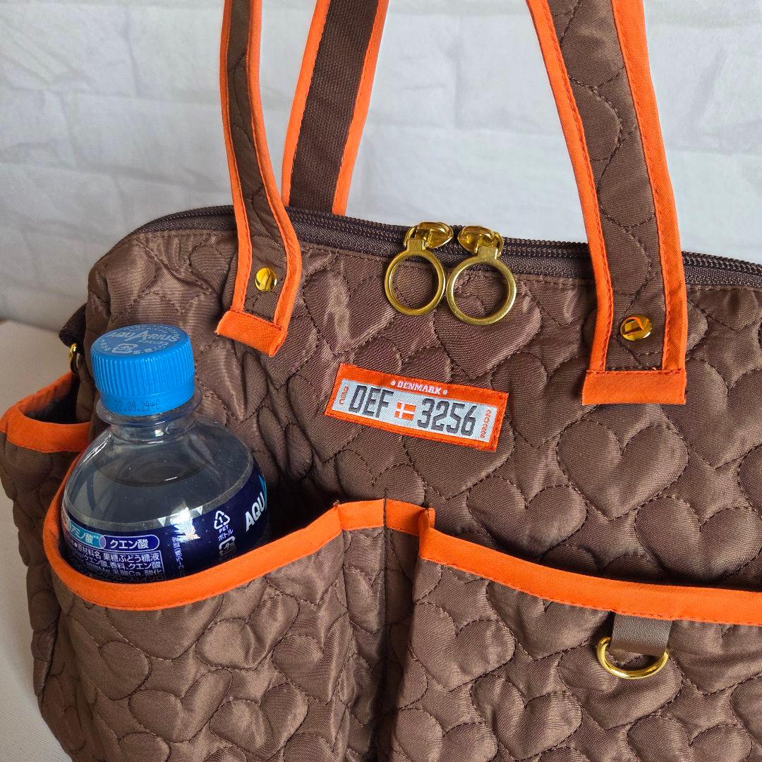 マチャ抹茶様　ポケットいっぱいトートバッグ(L)　ブラウン×オレンジ