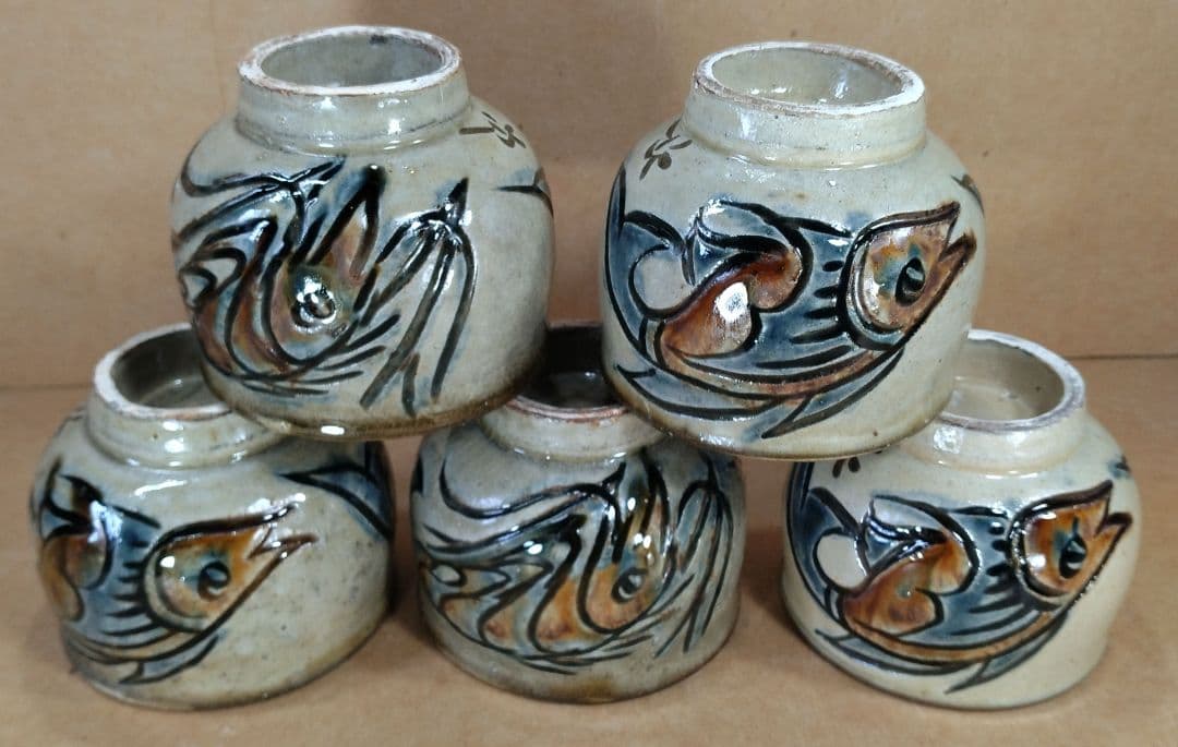 トムトム！【本物保証】金城次郎 湯呑五客 海老魚紋湯呑≪最上位品≫人間国宝