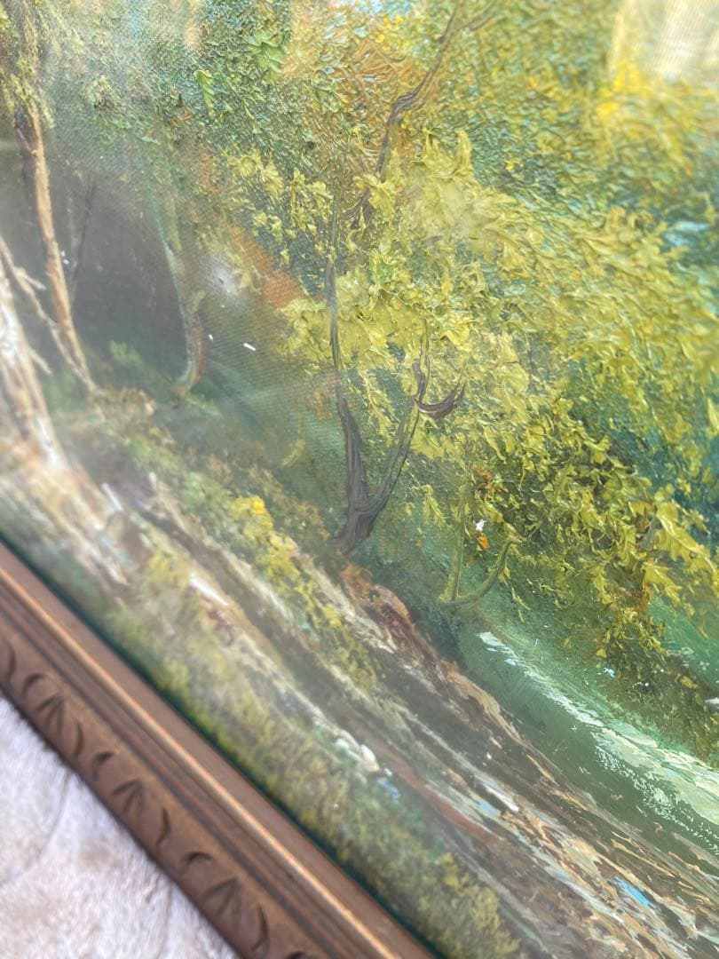 風景画　油彩　木製フレーム付　山水画　特大　大判　アンティーク　絵画