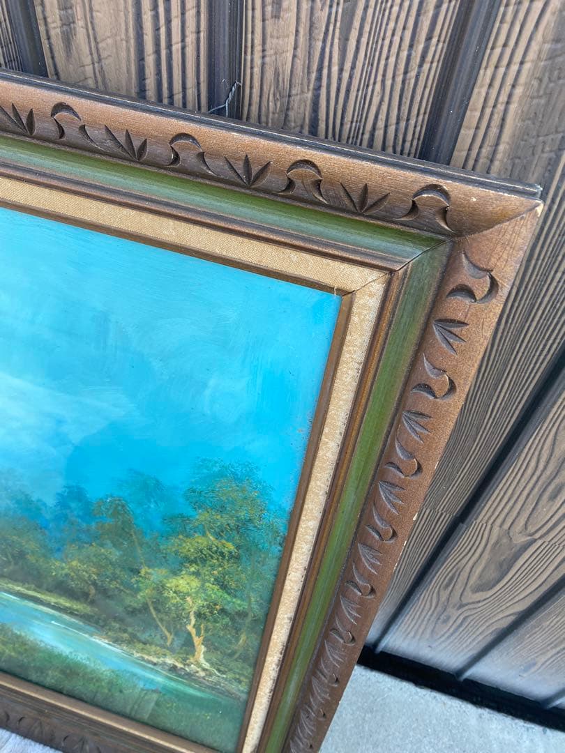 風景画　油彩　木製フレーム付　山水画　特大　大判　アンティーク　絵画