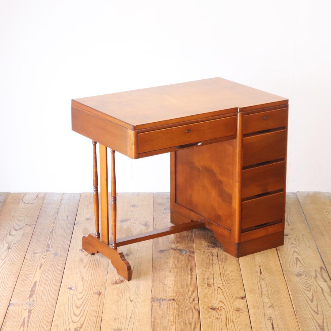 レトロ 片袖デスク 机 書斎 作業台 引き出し 抽斗 5杯 木製 古道具