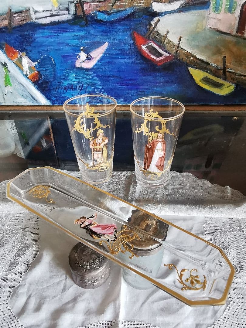 アンティーク ロブマイヤー 手描きエナメル盛上げ金彩 ペアのダンス 八面体トレイ