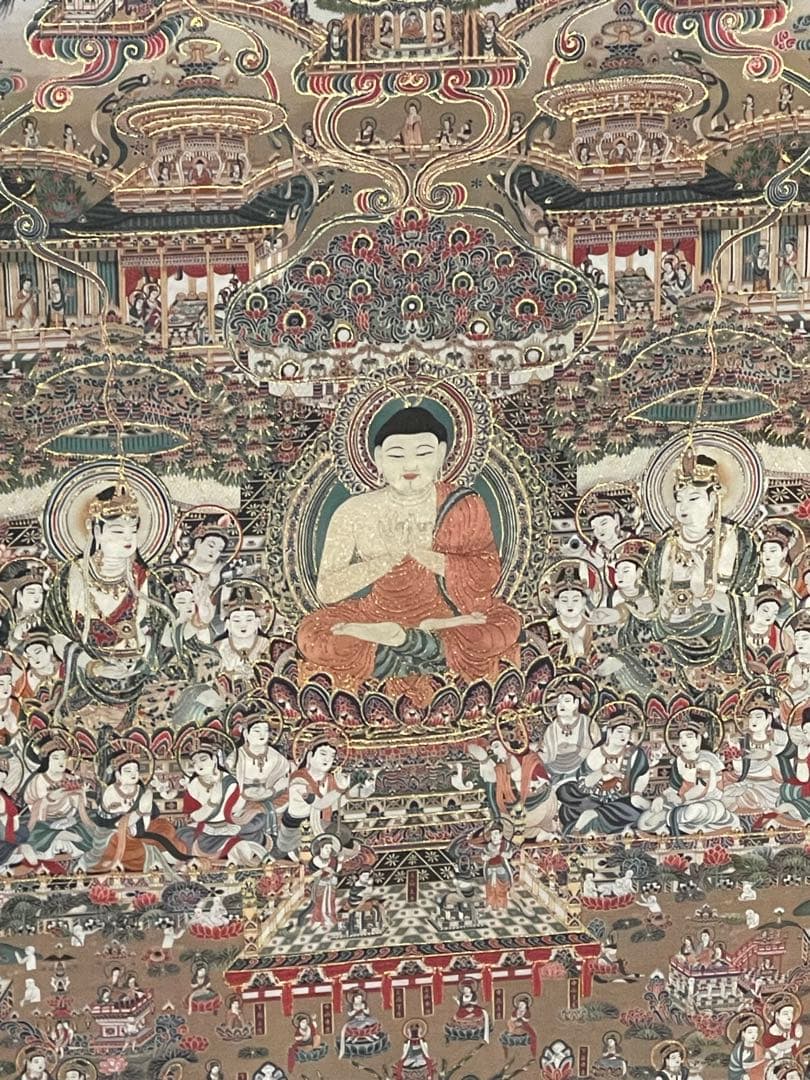 当麻曼荼羅図　綴織　平成本　複製　仏画　彩絵 伝統的な仏教絵画 金箔装飾