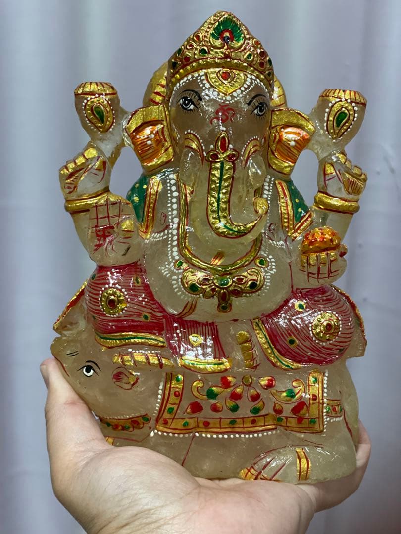 ガネーシャとねずみ　置物　水晶　彫刻　特大