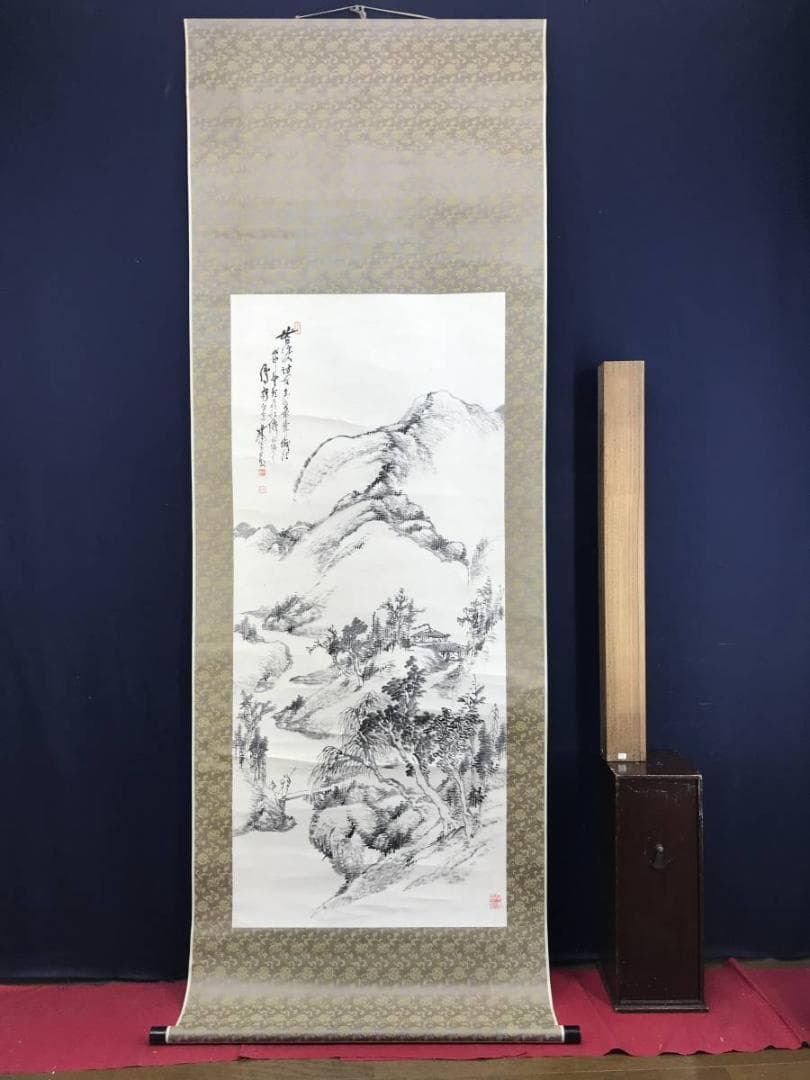 【真作】児玉果亭/皆渓訪友画賛/山水図/掛軸☆宝船☆AD-591