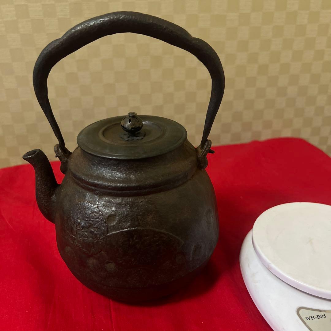 江戸時代　小ぶり650cc 棗形　鉄瓶　斑紫銅蓋龍文堂　煎茶　急須 古美術