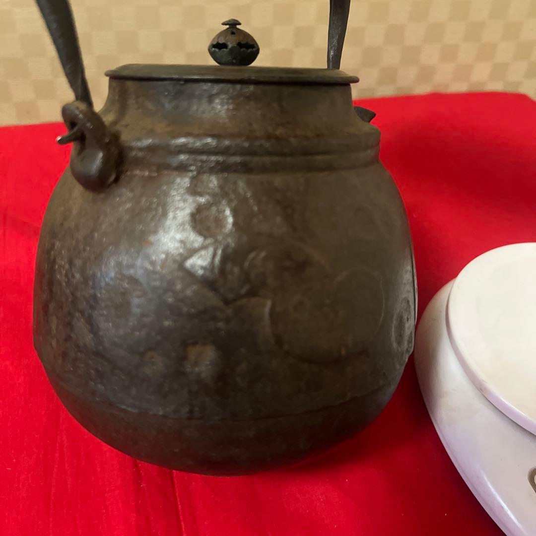 江戸時代　小ぶり650cc 棗形　鉄瓶　斑紫銅蓋龍文堂　煎茶　急須 古美術