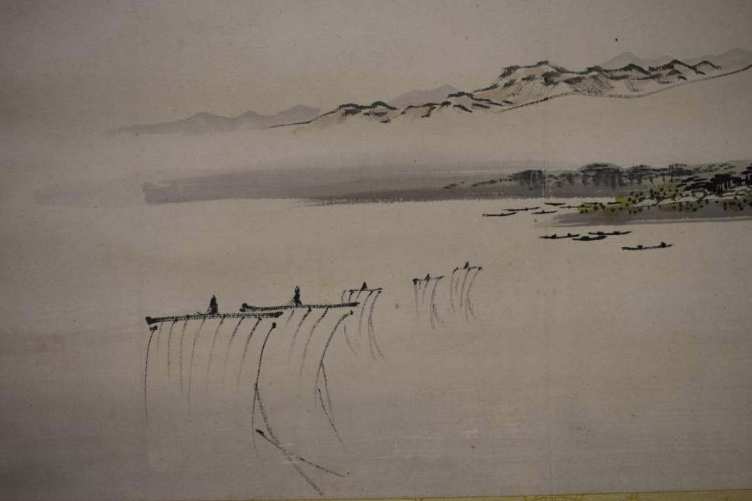 真作/荒木寛畝/山水帆舟図/荒木十畝の桐極箱付/布袋屋掛軸HI-367