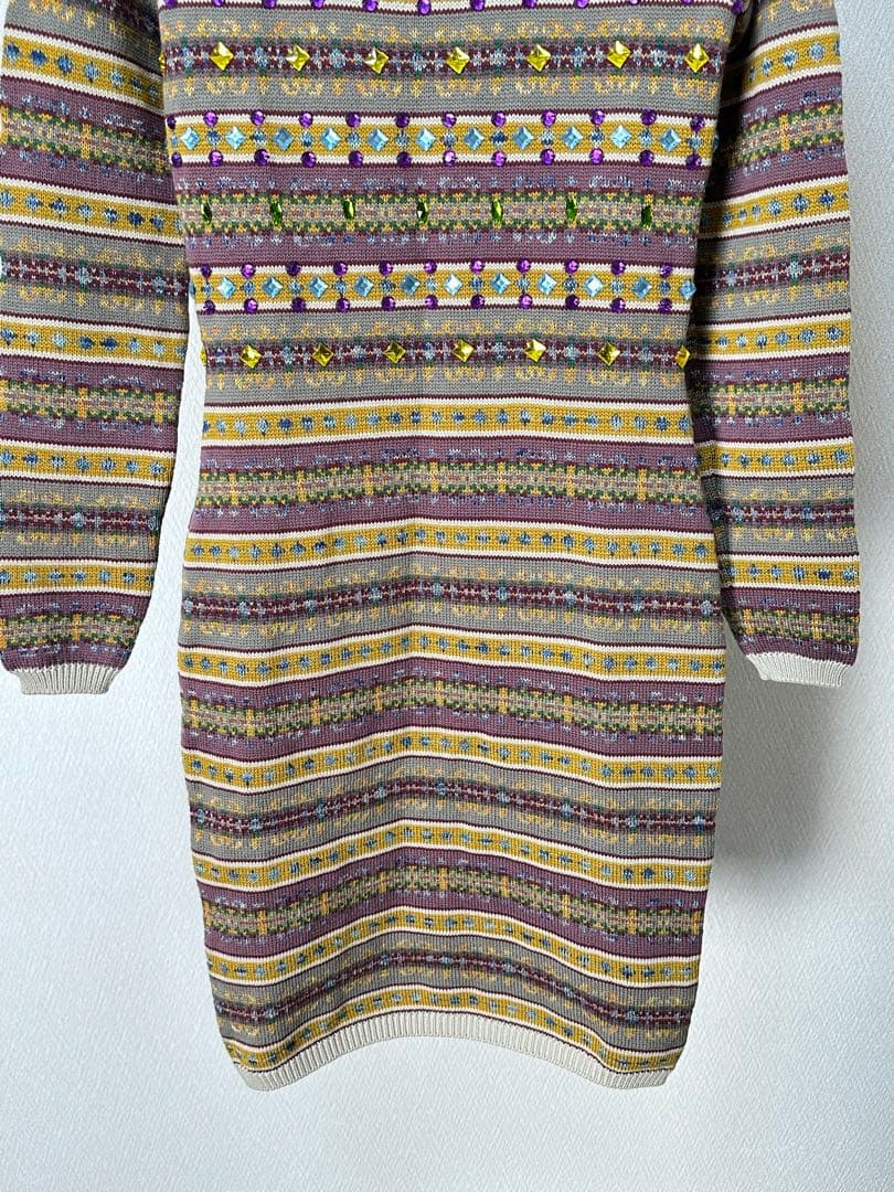 ジャンポールゴルチェマイユ クリスタルビジュー装飾 総柄ニットワンピース