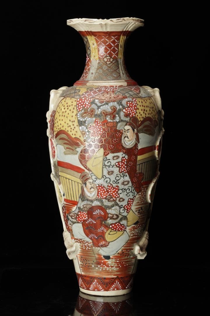 薩摩焼 色絵金彩 武者人物図大花瓶 54㎝ 耳付 飾壺 古美術 骨董品 時代物