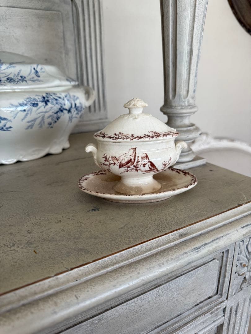 フランスアンティーククレイユモントローSYLVAミモザシリーズ小鳥柄ムタディエ