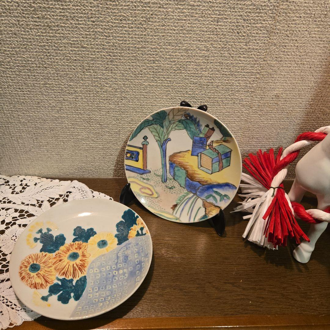 珍品 幻のさかい焼 二代目金田新平 更さ色絵陶絵皿二枚