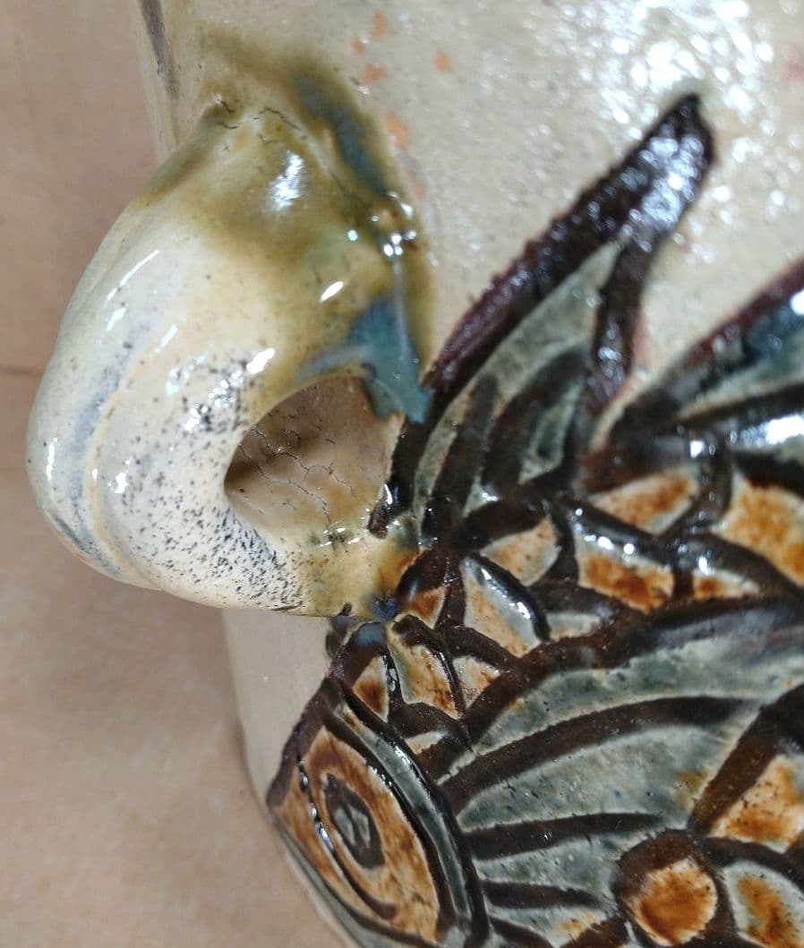 傑作【本物保証】金城次郎 魚紋抱瓶 共箱 栞 ｗ27㎝超 壷屋焼 人間国宝 美品