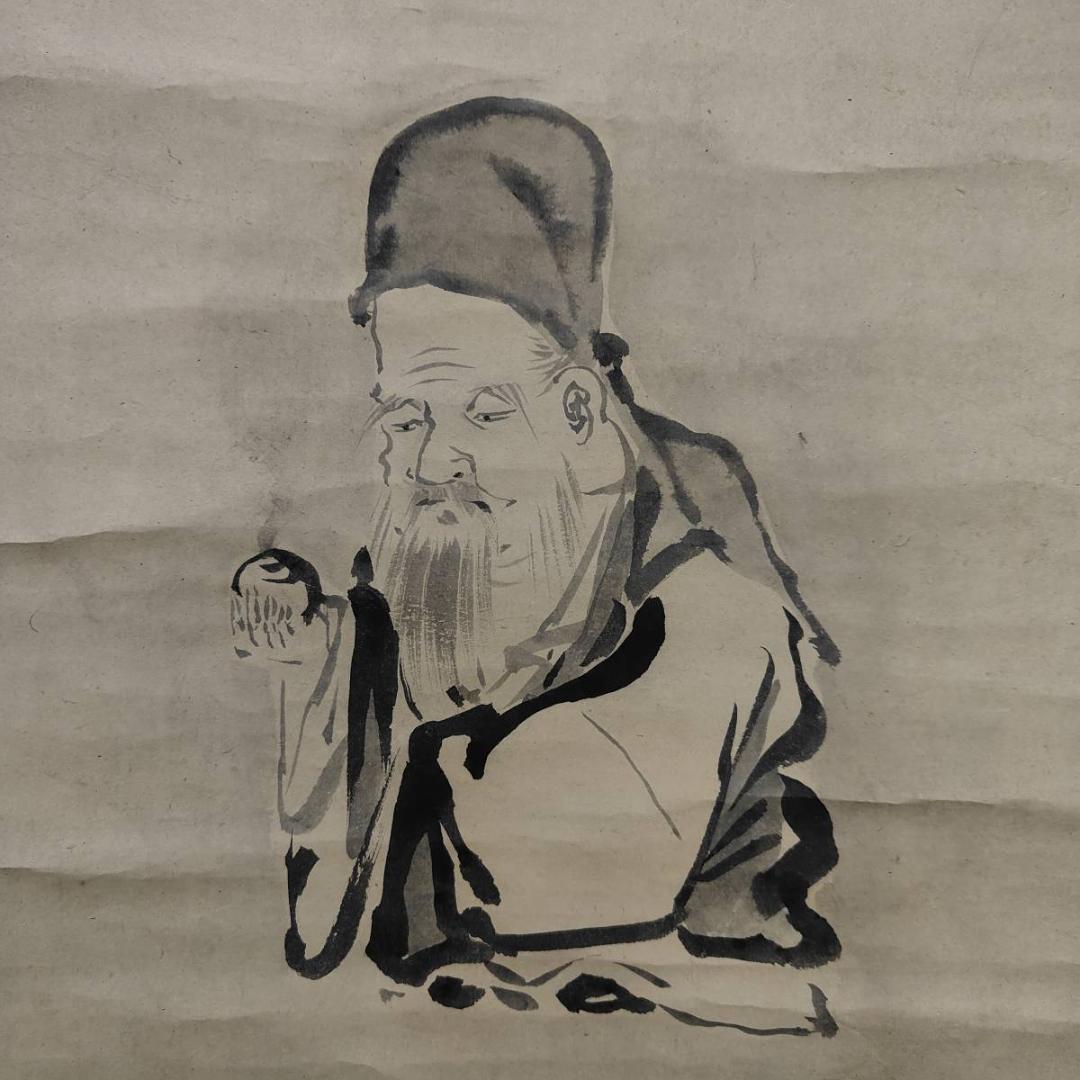 真作/狩野周信/寿老人図/極札付/江戸中期/桐時代箱付/布袋屋掛軸A-472