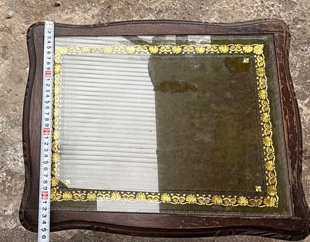 【英国アンティーク風】サイドテーブル＊緑色×ゴールド縁取りのガラス天板