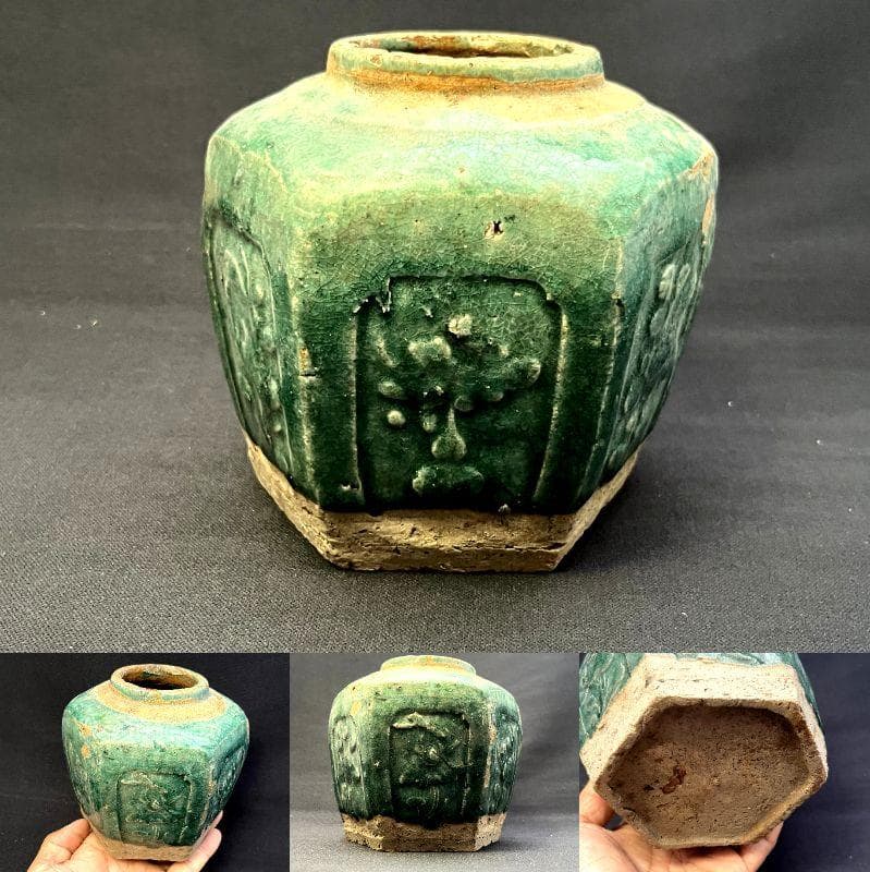 花瓶■清朝緑釉六角茶壷 石湾窯 宜興窯 浮彫紋窓絵花唐草 古玩 時代物 骨董品■