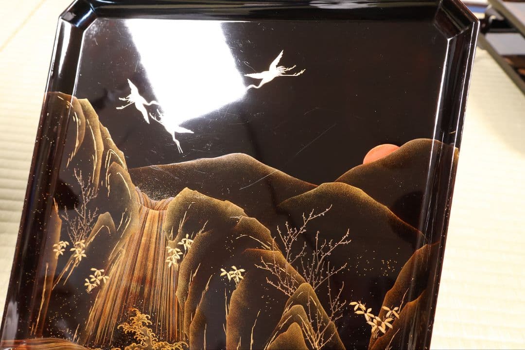 漆芸 山水松竹梅 蝋色塗硯蓋形座附膳 十客 金蒔絵 四方膳 蓬莱鶴亀【CM390