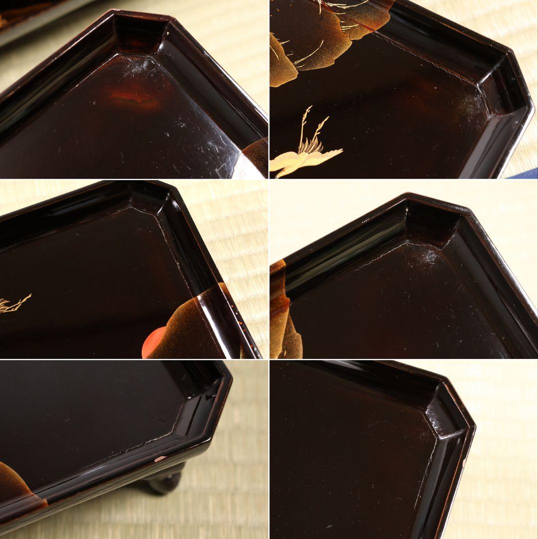 漆芸 山水松竹梅 蝋色塗硯蓋形座附膳 十客 金蒔絵 四方膳 蓬莱鶴亀【CM390