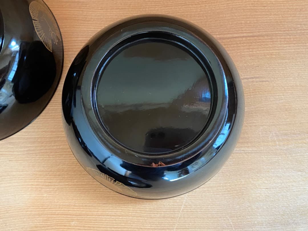 能登に伝わる古民芸 黒漆 福良雀蒔絵 お椀 2客 / 黒塗 漆器椀 蒔絵椀