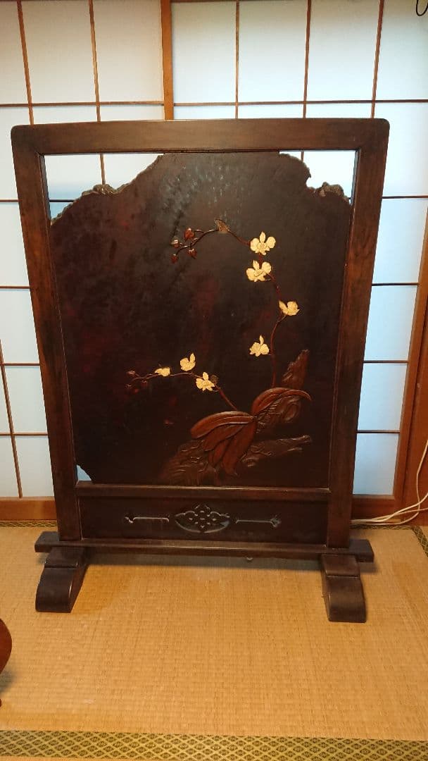 衝立 紫壇木製 透空彫 アンティーク