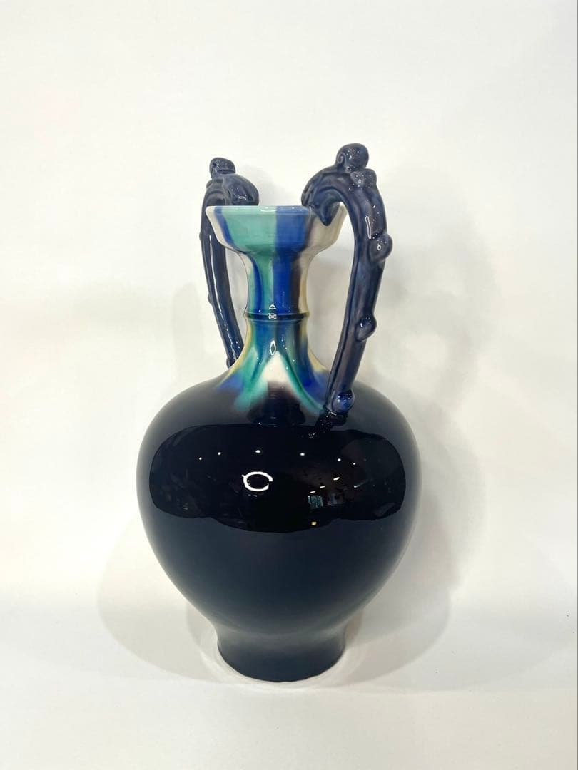 【人間国宝】三代 徳田八十吉 【正彦銘】彩釉 耳付壺 約37.5cm 龍耳