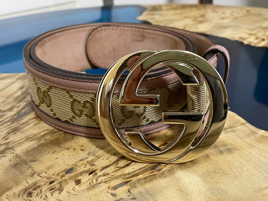 l*x様 グッチ GUCCI GGバックル レザー×キャンバス ベルト ピンクベ