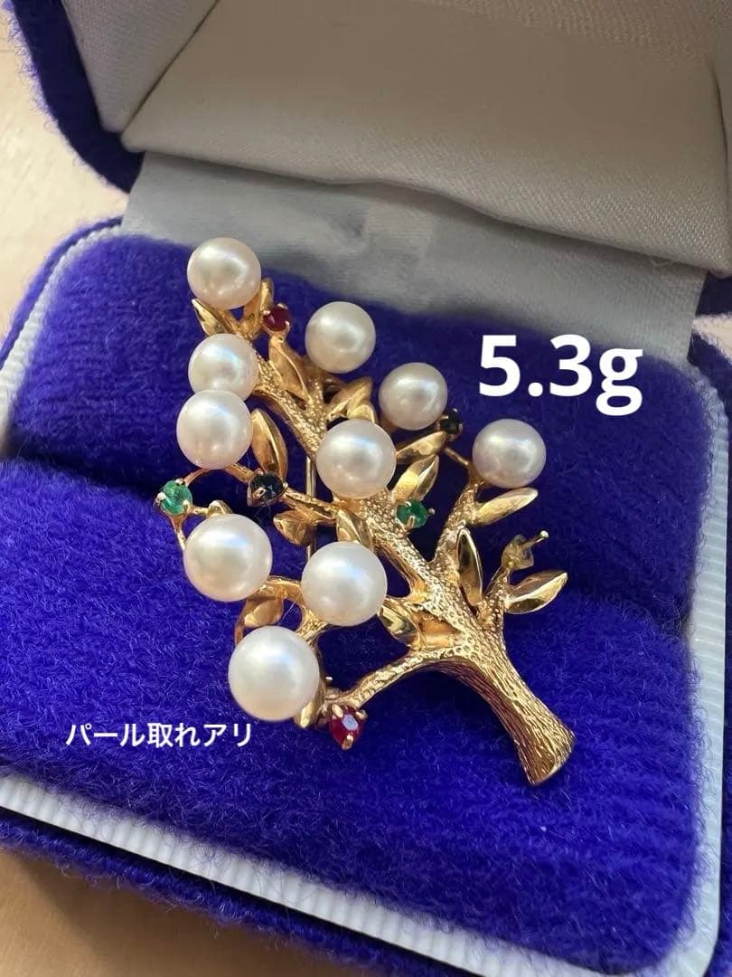 K18 18金　750 ブローチ　パール エメラルド　サファイア　ルビー