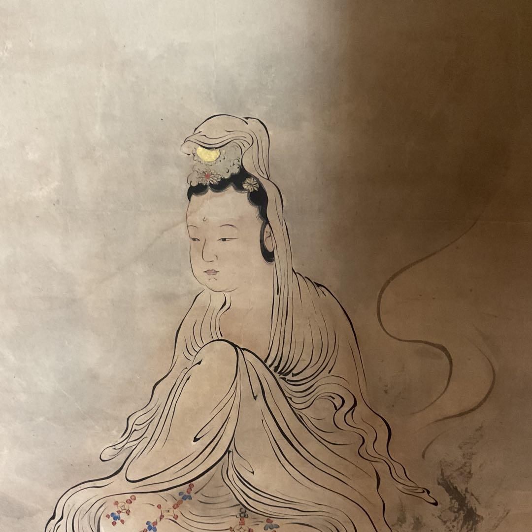 宏斎画肉筆画 紙本掛軸 【 雲上観音図 】 軸先仏具軸 良品桐箱付