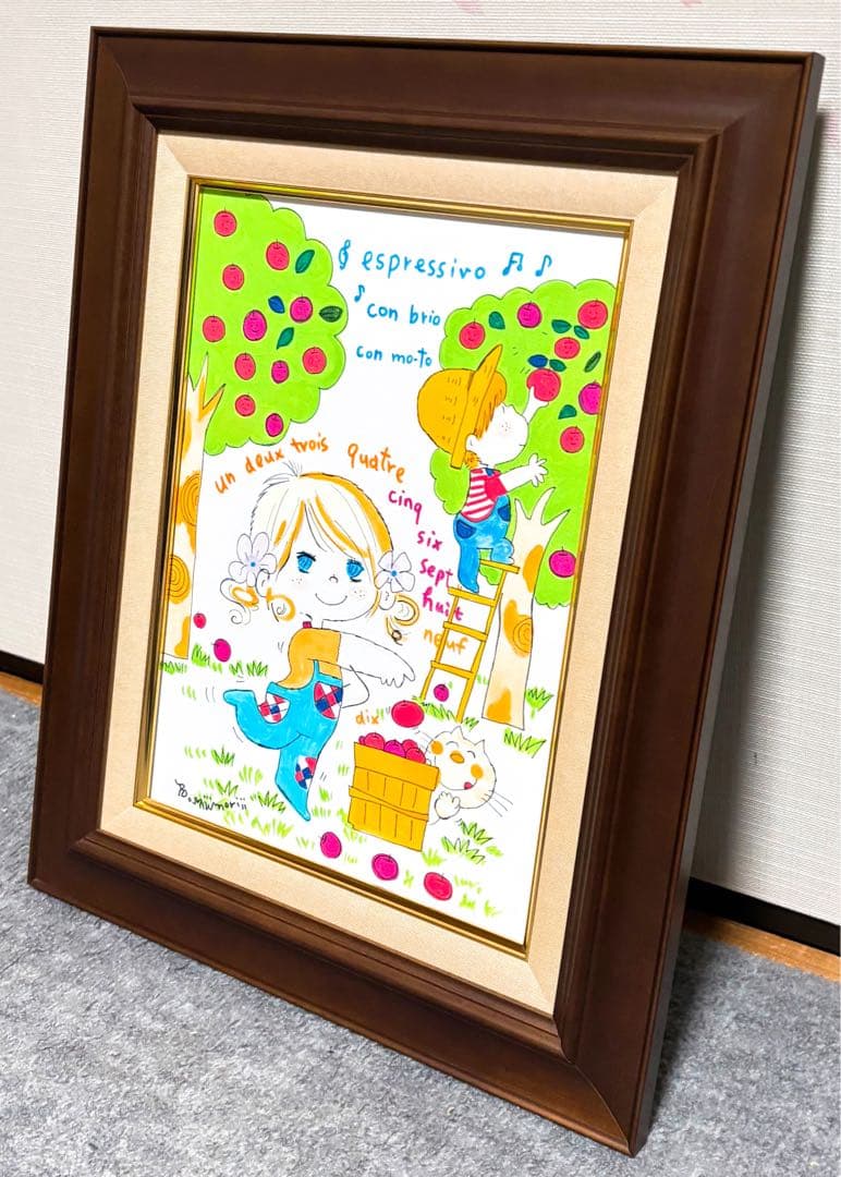 【F4号】手描き油彩　水森亜土　額縁　未使用額　サイン　絵画　かわいい　人気作品