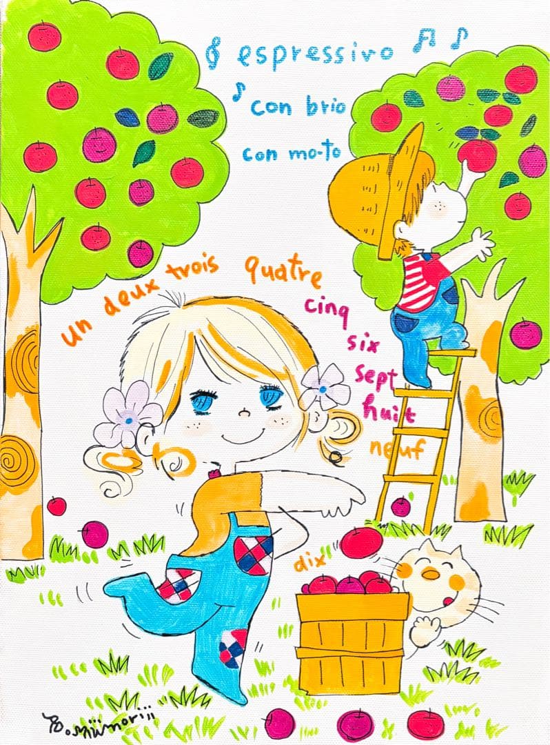 【F4号】手描き油彩　水森亜土　額縁　未使用額　サイン　絵画　かわいい　人気作品