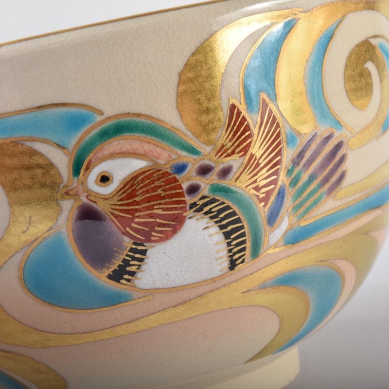 空色　茶道具　京焼橋本紫雲作　色絵金彩　鳥文　茶碗　共布共箱　C　7426