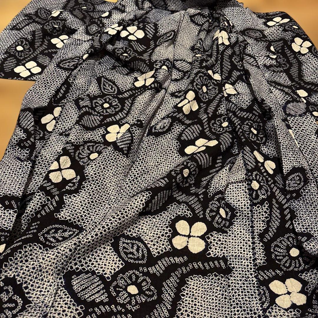 有松鳴海絞り浴衣 花繋ぎ 美品 手縫い 藍染 アンティーク レトロ 絞り