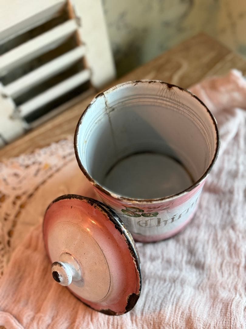 フランスアンティークホーロー激レアピンクの薔薇模様 Chicoréeキャニスター