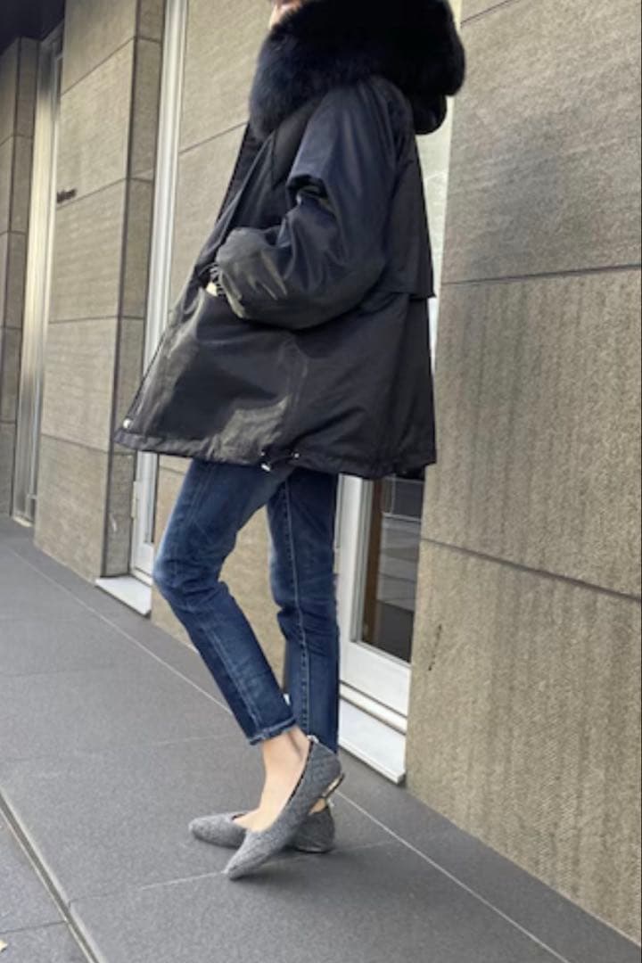 ポリーヌブロー ラクーンファー　裏ボア モッズコート ブラック