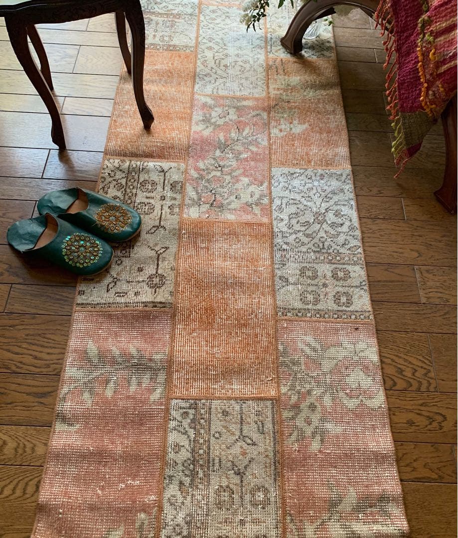 ササ　ペールオレンジ　ランナー　174×65 トルコヴィンテージラグ