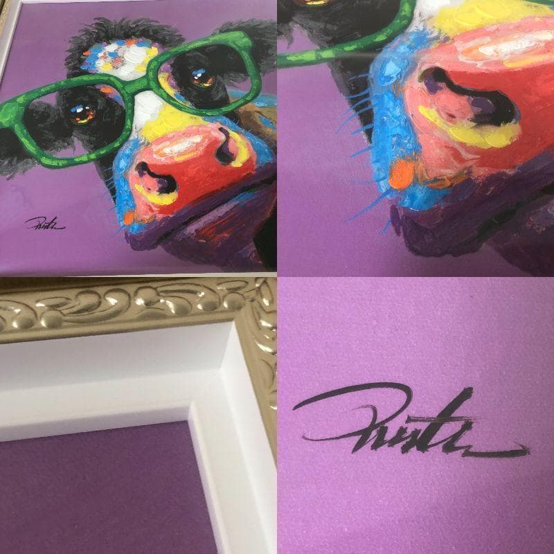 オイル ペイント アート　カウ グラス　新品　アートフレーム　絵画　額装　牛