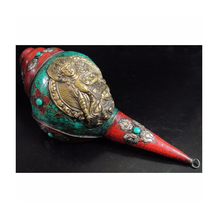 ◆チベット密教法具　法螺貝（シャンカ）グリーンターラー（緑多羅菩薩）C