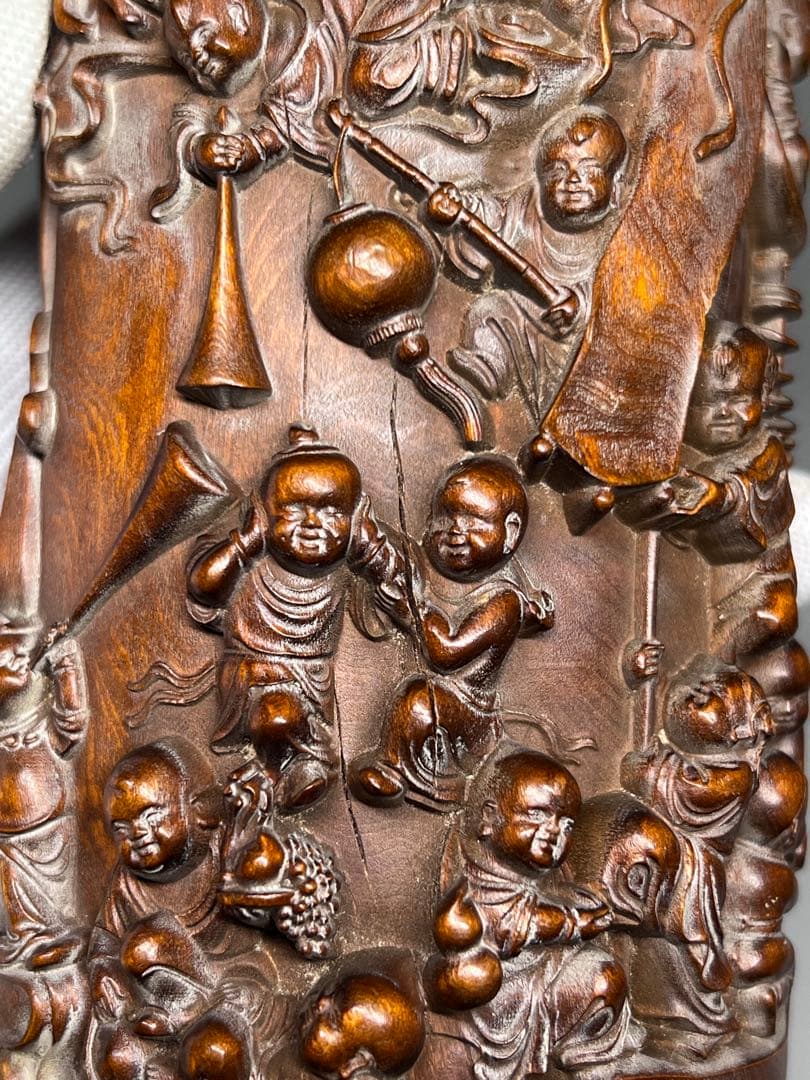 古美術　黄楊木　拓植　筆筒　筆立て　百子図　高浮彫　文房具　木製　置物　希少