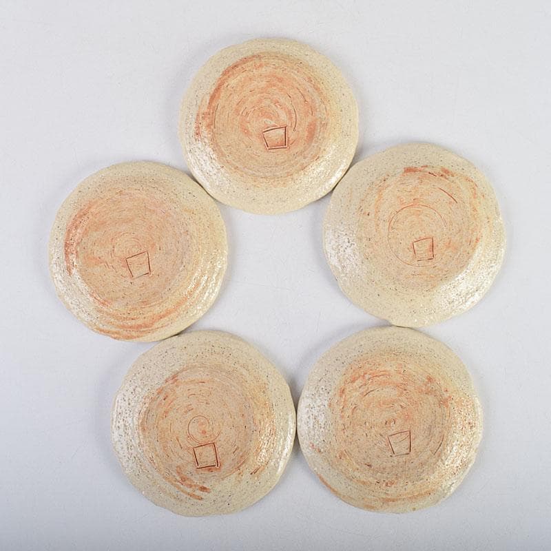 北大路魯山人作　網目文　銘々皿　五客　銘「磯風」　清水公照極め箱　M　R9391