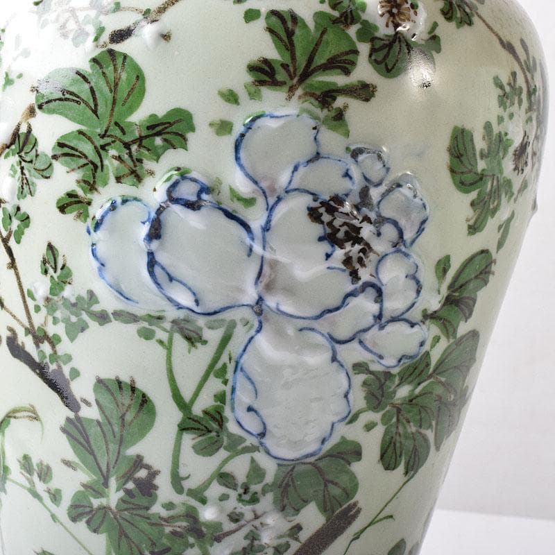 瀬戸焼　古瀬戸　青磁色絵花鳥文瓶　一対　J　R8751H