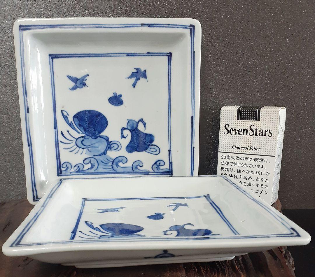 古余呂技窯】　名工　【川瀬竹春】造　中国明代　天啓染付写し　祥瑞手　角皿　菓子皿