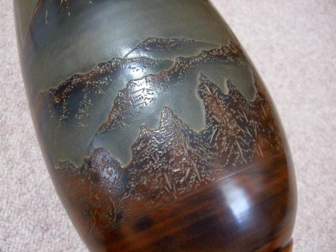 中国美術 欽州 泥興陶 山水彫刻 浮彫 窯変 飾り壺 / 富士山 花瓶 花器